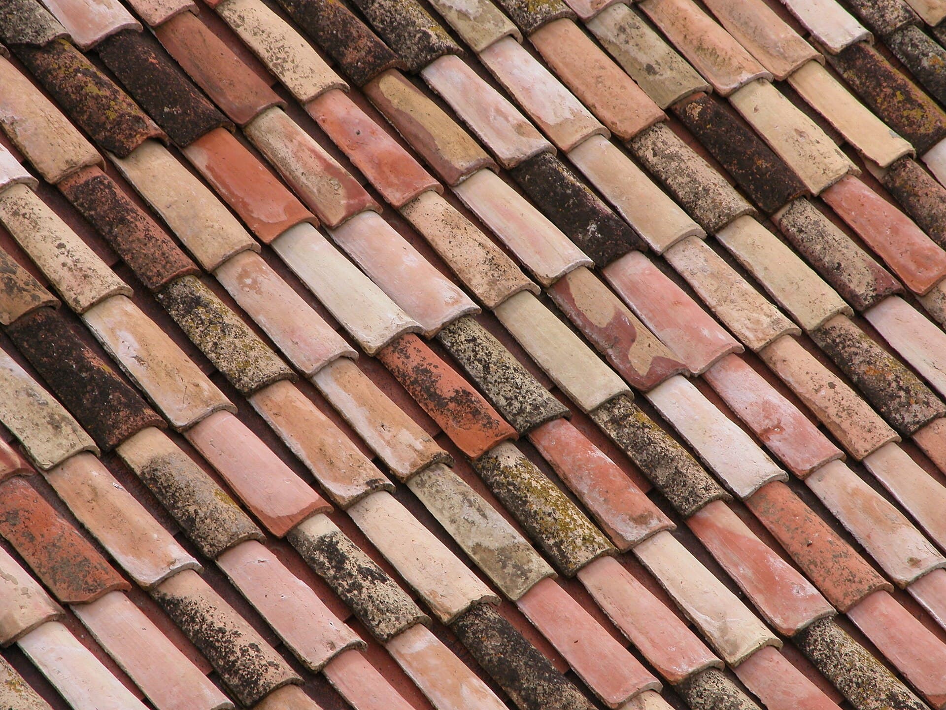 Close view of overlapping terracotta roof tiles